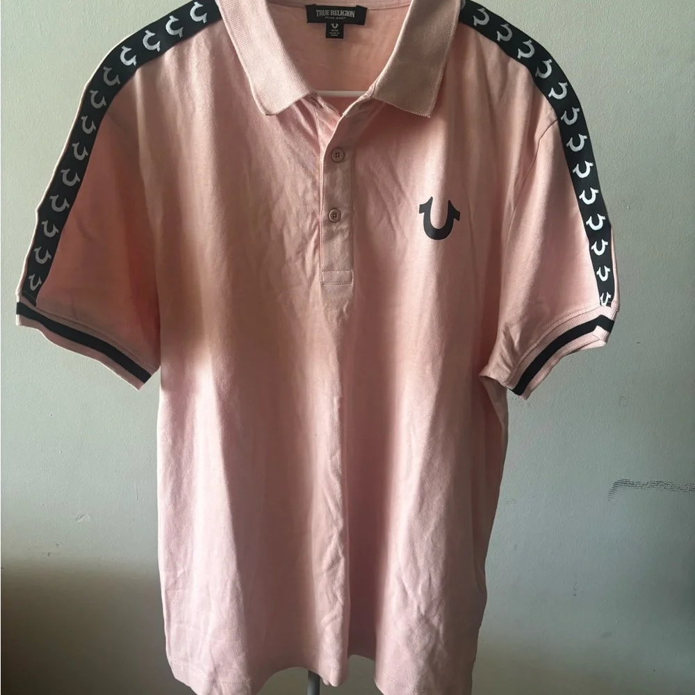 Men’s True Religion Pink Polo Shirt with Black Accents - Picture 1 of 2